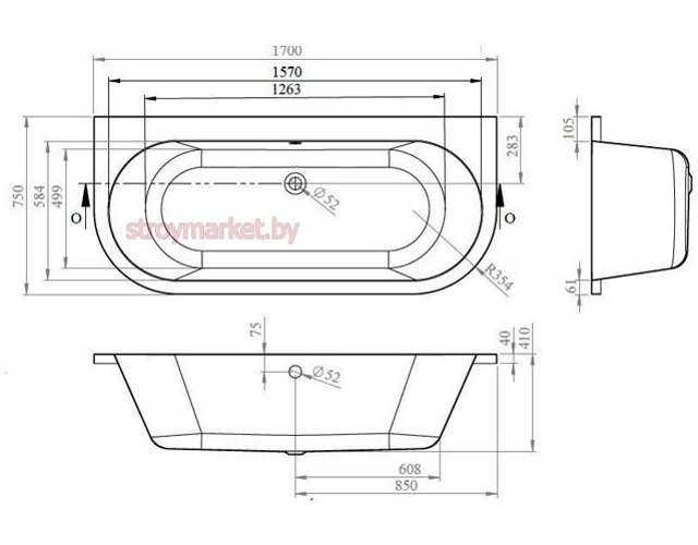 Ванна акриловая пристенная BONITO HOME Aura 170x75 BH-AU-104-170W/St - фото2 Ванна акриловая пристенная BONITO HOME Aura 170x75 BH-AU-104-170W/St - фото2
